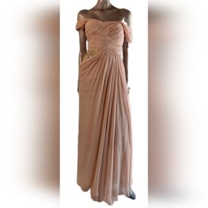 □$5,000 J. MENDEL SILK BLUSH PINK CHIFFON LACE BEAD ESTAB RUNWAY GOWN DRESS US S